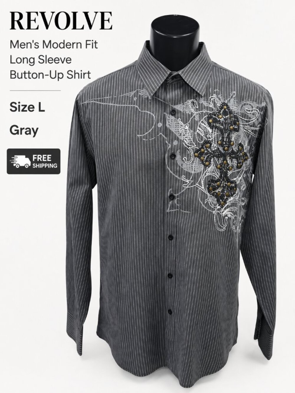 Revolve Men's L Gray Pinstripe Cross Embroidered Modern Fit Button Up Shirt